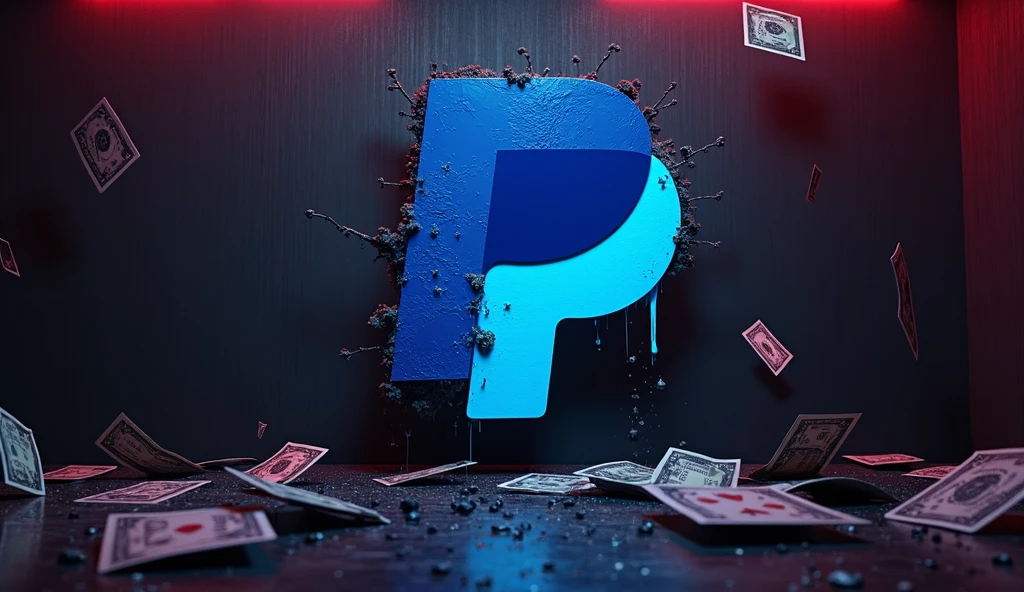 Dirty and toxic PayPal logo on a dark and neon wall with playing cards and money flying around