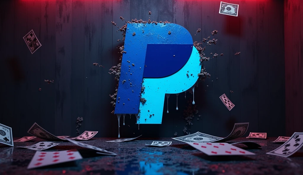 Dirty and toxic PayPal logo on a dark and neon wall with playing cards and money flying around