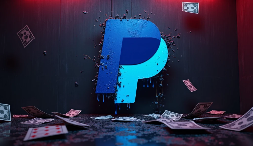 Dirty and toxic PayPal logo on a dark and neon wall with playing cards and money flying around