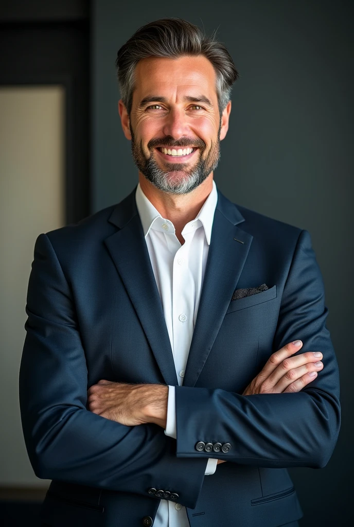 "A man in his forties, avec une apparence soignée et professionnelle. He wears a well-fitted suit, with a white shirt and a discreet tie. Her hair is neatly styled, and he has a welcoming smile that inspires confidence. Il se tient debout avec une posture droite, arms slightly crossed, in front of a sober but modern background, évoquant un environnement de bureau ou un cadre professionnel. His eyes reflect reliability and assurance., symbolizing a serv