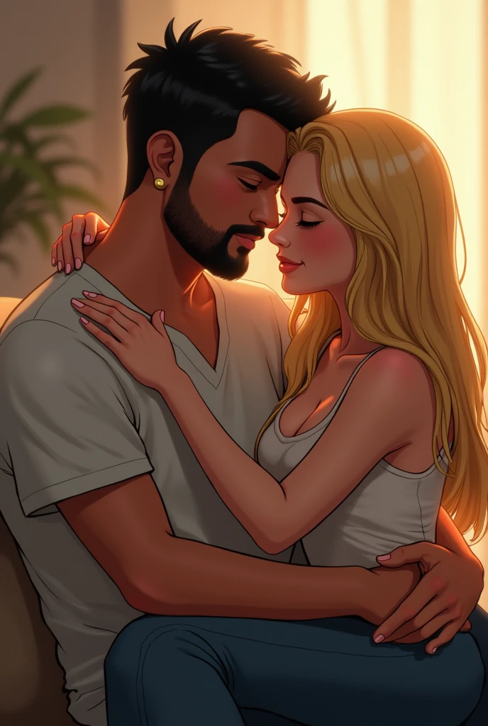 a brazilian couple hugging, she is sitting on his lap hugging him, She has straight, blonde hair and he has short, black hair parted to the side and no beard..