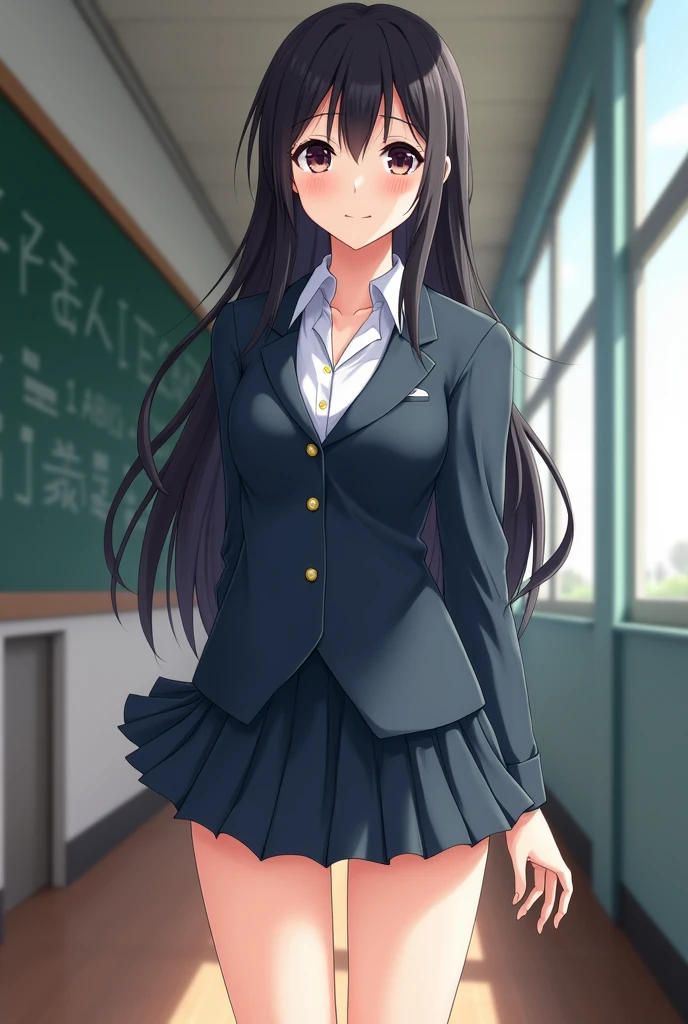 Anime girl in school clothes short skirt big thighs detailed body detailed clothes perfect face School background  