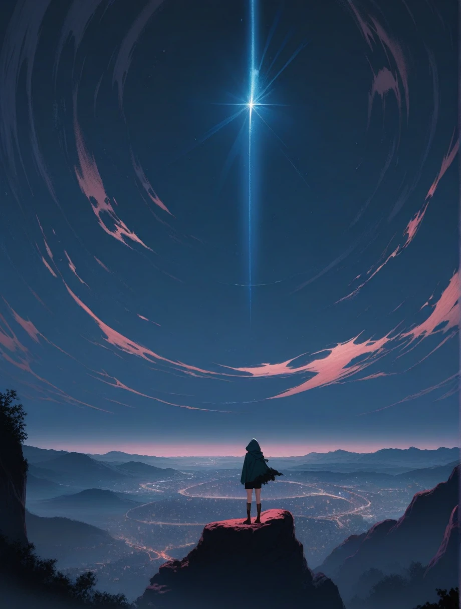 score_9, score_8_up, score_7_up, score_anime, masterpiece, top quality, delicate illustration, sharp lines, sharp focus, BREAK, a traveling girl wandering in the endless night world, the girl wears a hood and has a lot of stuff in her backpack, night , fantastic landscape, beautiful scenery, harmony with nature, spectacular view, space city, (((torn clothes))), (((torn hood))),shorts,boots