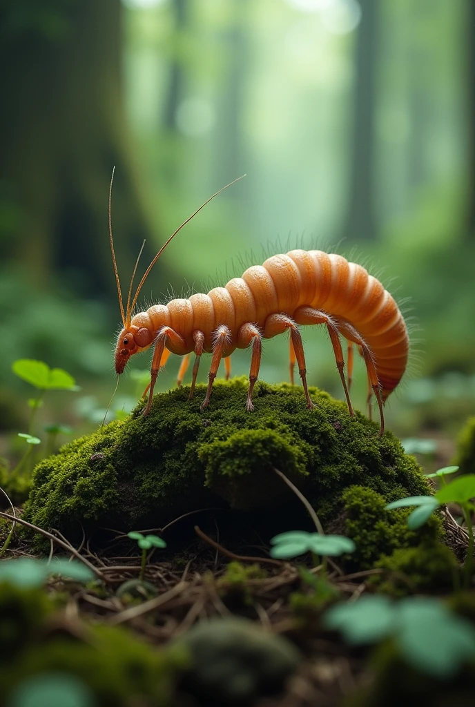 worm crawling on an Onychochoforo, with thirteen pairs of legs, antennas, with some hair, that is in the forest