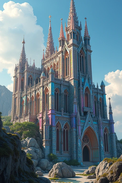 A building made of precious stones. Gothic architecture. The whole building is visible. It is built on a rocky outcrop.