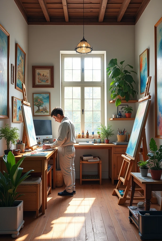 (photorealism:1.2), PHOTOGRAPH OF A SMALL ART STUDIO, FILLED WITH MANY WATERCOLOR PAINTINGS, paints, COLORED PENCILS AND EASELS FOR PAINTING, BEAUTIFUL PLACE, masterpiece