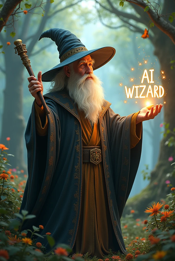 a wizard writes with a magic wand  "AI Wizard" in capital letters and in French, in a fairy world 