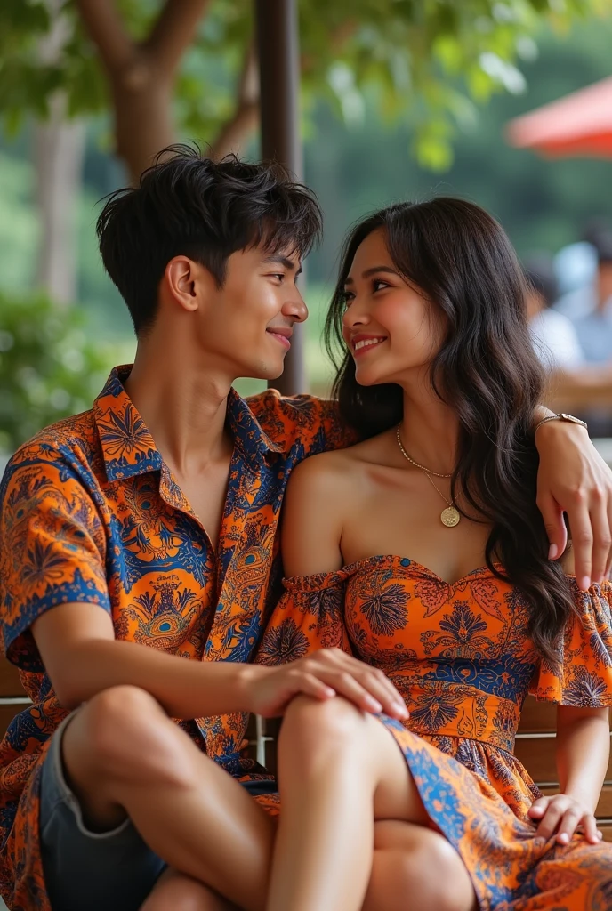 A 20 year boy wearing subham named print dress and sitting with a 20 year girl wearing Karisma named print dress 