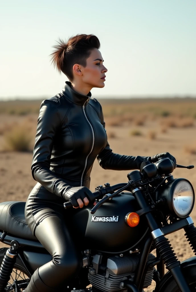 photo de profil pour discord, une femme. regarde vers l'orizon. sur une kawazaki z500. la femme est en tenue cuir noir .
la femme à les cheveux d'une garçon très très court.