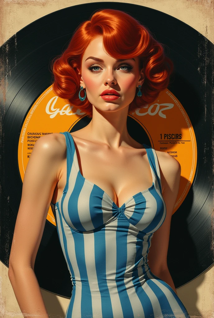 Redhead woman with short hair in a blue striped dress with a low neckline on an old 45 rpm record cover