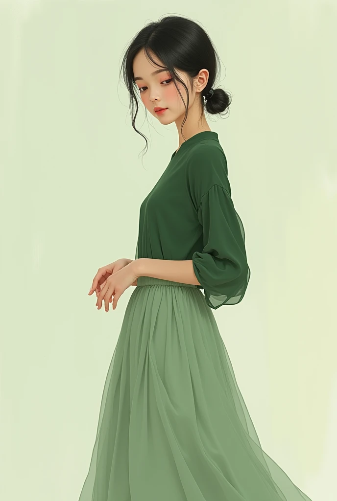 A girl wearing a Pale green colour skirt with deep green colour top