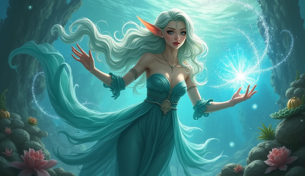 fantasy art, undersea art, fantasy art, undersea art, female sea elf, druid, cleric of sea, casting magical spell, ultra feminine, with a long curvy hair, light green hair, small pointe ears, blue eyes, beautiful delicate face, an undersea setting background, fantasy sea, underwater light, an undersea setting background, fantasy sea, underwater light, natural sea life elements, dynamic atmosphere, soft light, dynamic light, high details, best quality, 16k, masterpiece, best quality, (extremely detailed), dynamic angle
