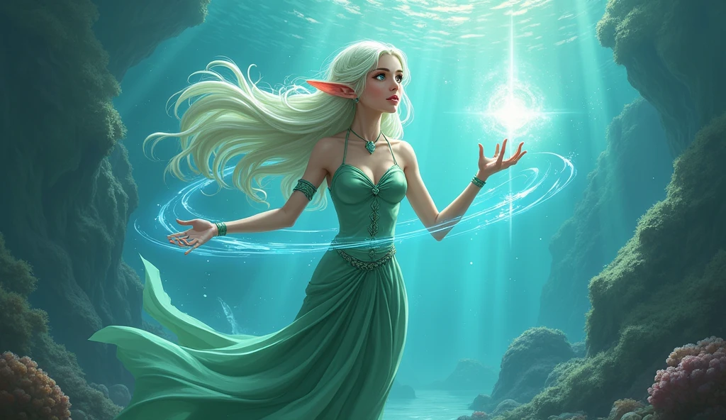 fantasy art, undersea art, fantasy art, undersea art, female sea elf, druid, cleric of sea, casting magical spell, ultra feminine, with a long curvy hair, light green hair, small pointe ears, blue eyes, beautiful delicate face, an undersea setting background, fantasy sea, underwater light, an undersea setting background, fantasy sea, underwater light, natural sea life elements, dynamic atmosphere, soft light, dynamic light, high details, best quality, 16k, masterpiece, best quality, (extremely detailed), dynamic angle