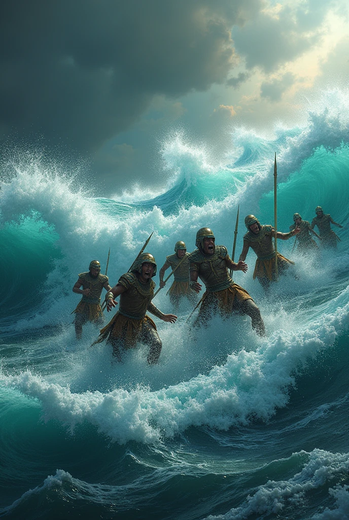 Egyptian Pharaoh's soldiers drowning in the sea sea ,realistic styling