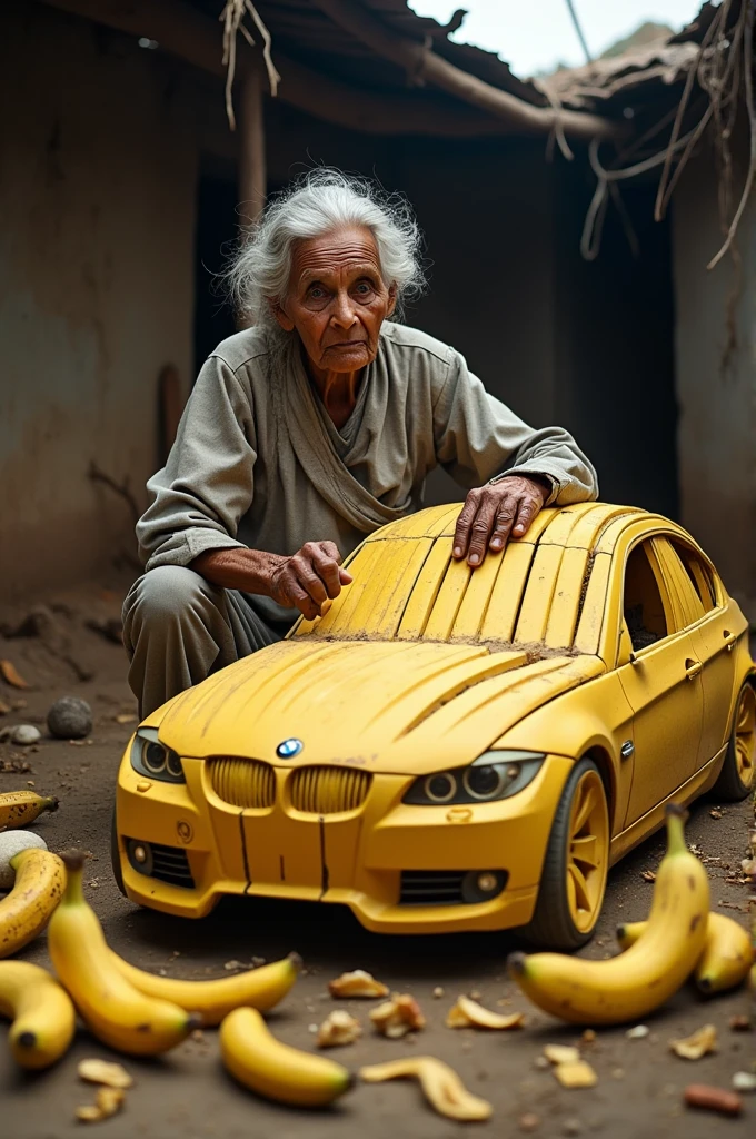a indian poor old woman a making a big bmw car out of banana