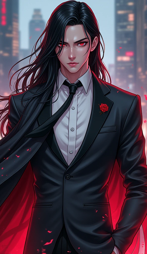 Anime-style character design, white male protagonist with long, sleek black hair cascading to his shoulders, elegantly styled for maximum impact, dressed in a chic grey tuxedo tailored to perfection, striking vampiristic features reminiscent of Henry Cavill illuminated by moonlight, vivid reddish eyes exuding an enchanting glow, embodying both charm and mystery, intricately detailed structure highlighting angular cheekbones and bold jawline, seamless artistic fusion of vintage comic book aesthetics and modern anime style, dynamic pose suggesting both fluidity and confidence, capturing the energy and charisma of this captivating character within an urban fantasy context, abstract city skyline faintly blurred in the background, vibrant splashes of color around the character enhancing the visual narrative, rich contrasts and smooth gradients create depth and dimension, meticulously applied cell shading technique emphasizing the tuxedo's texture and the gleam of his hair, whimsical stylistic elements inspired by Urban Rivals blending harmoniously to heighten the character's appeal, artistic expression reaching a crescendo to deliver a masterpiece that captures the viewer's attention and imagination