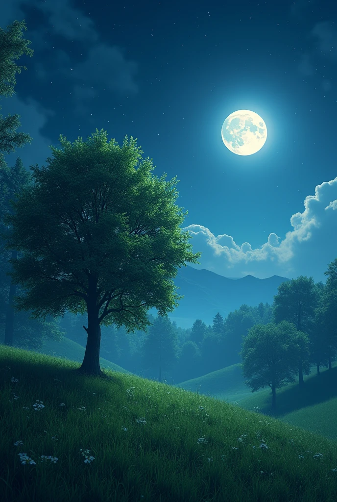 (photorealism:1.2), High Quality and Detaile ,8k picture of hometown with trees on hill and soft night with moon and stars .