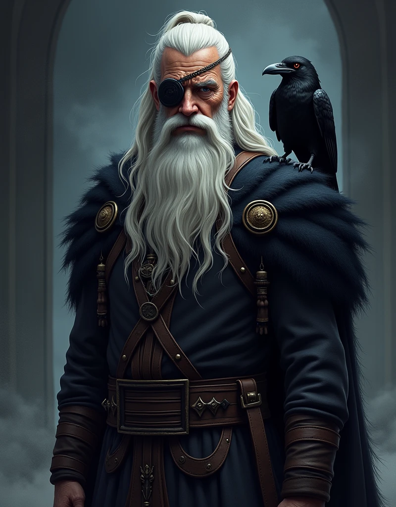 Odin One-Eye, against a dark background. He wears an eyepatch. A raven sits on his shoulder. Stylized depiction.