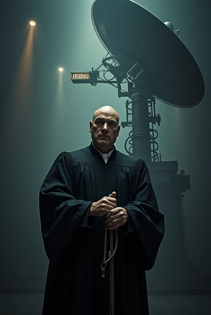 Bald man in judge outfit holding cable of large antenna with hughes net written on it