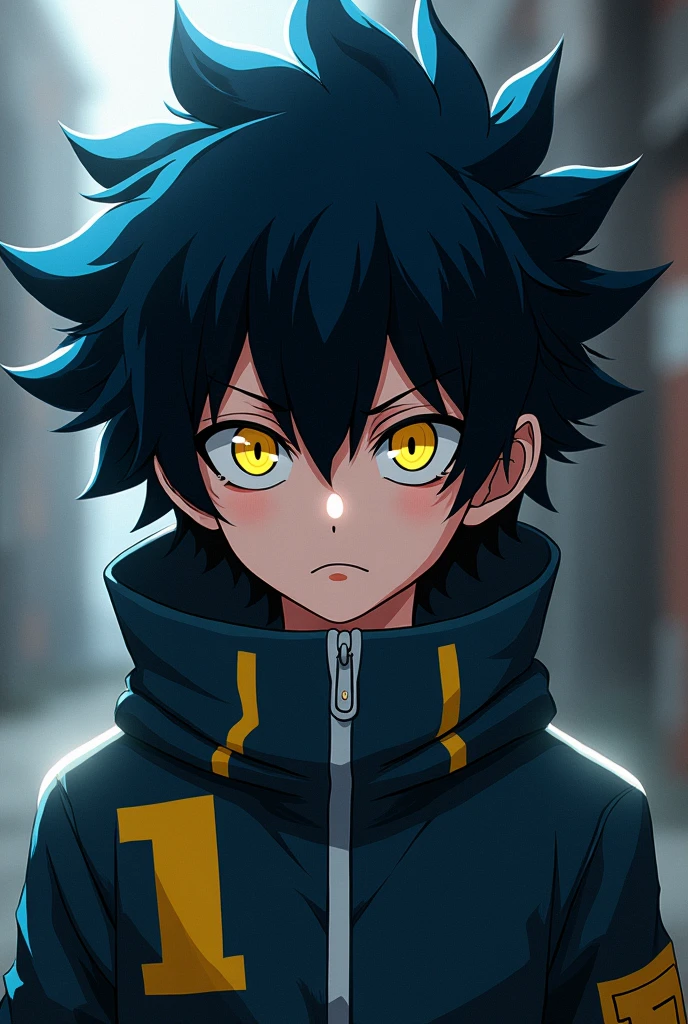 Make a character in the style of my Hero Academia. Dark blue hair with some yellow details. With eyes of any color and with a distrustful expression