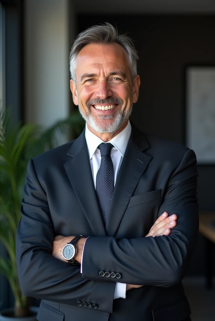 "A man in his forties, avec une apparence soignée et professionnelle. He wears a well-fitted suit, with a white shirt and a discreet tie. Her hair is neatly styled, and he has a welcoming smile that inspires confidence. Il se tient debout avec une posture droite, arms slightly crossed, in front of a sober but modern background, évoquant un environnement de bureau ou un cadre professionnel. His eyes reflect reliability and assurance., symbolizing a serv