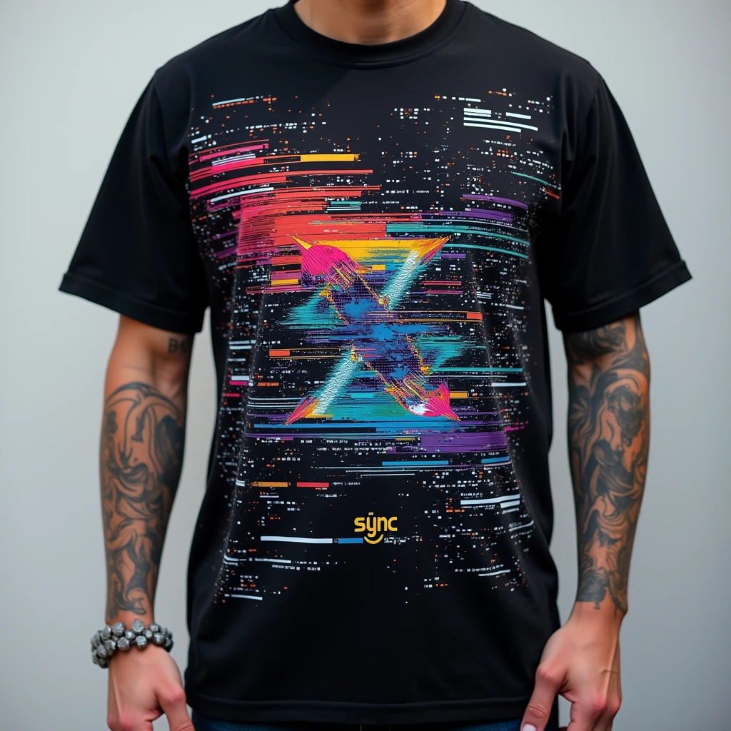 Street wear t-shirts with prints inspired by sound waves, digital glitches, or futuristic patterns. And the logo "SYNC" could be integrated discreetly into the design.