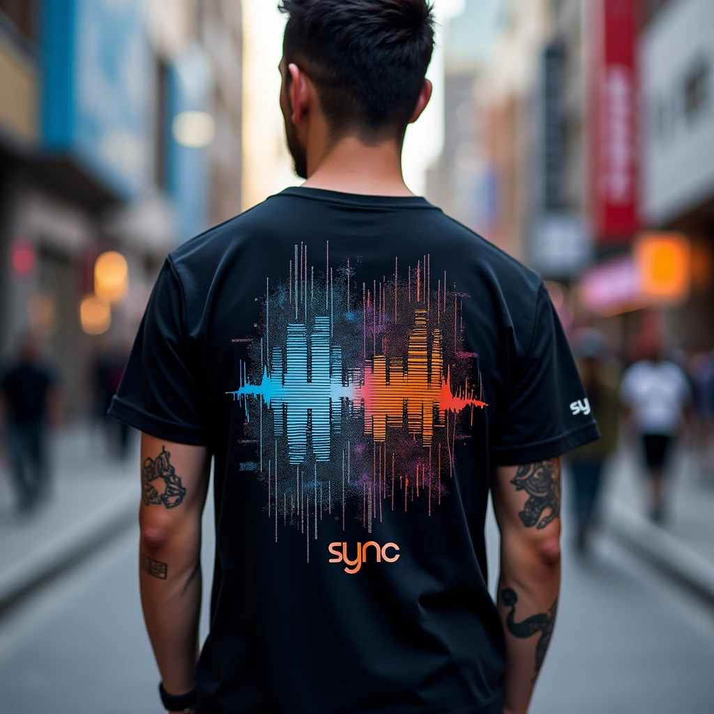 Street wear t-shirts with prints inspired by sound waves, digital glitches, or futuristic patterns. And the logo "SYNC" could be integrated discreetly into the design.