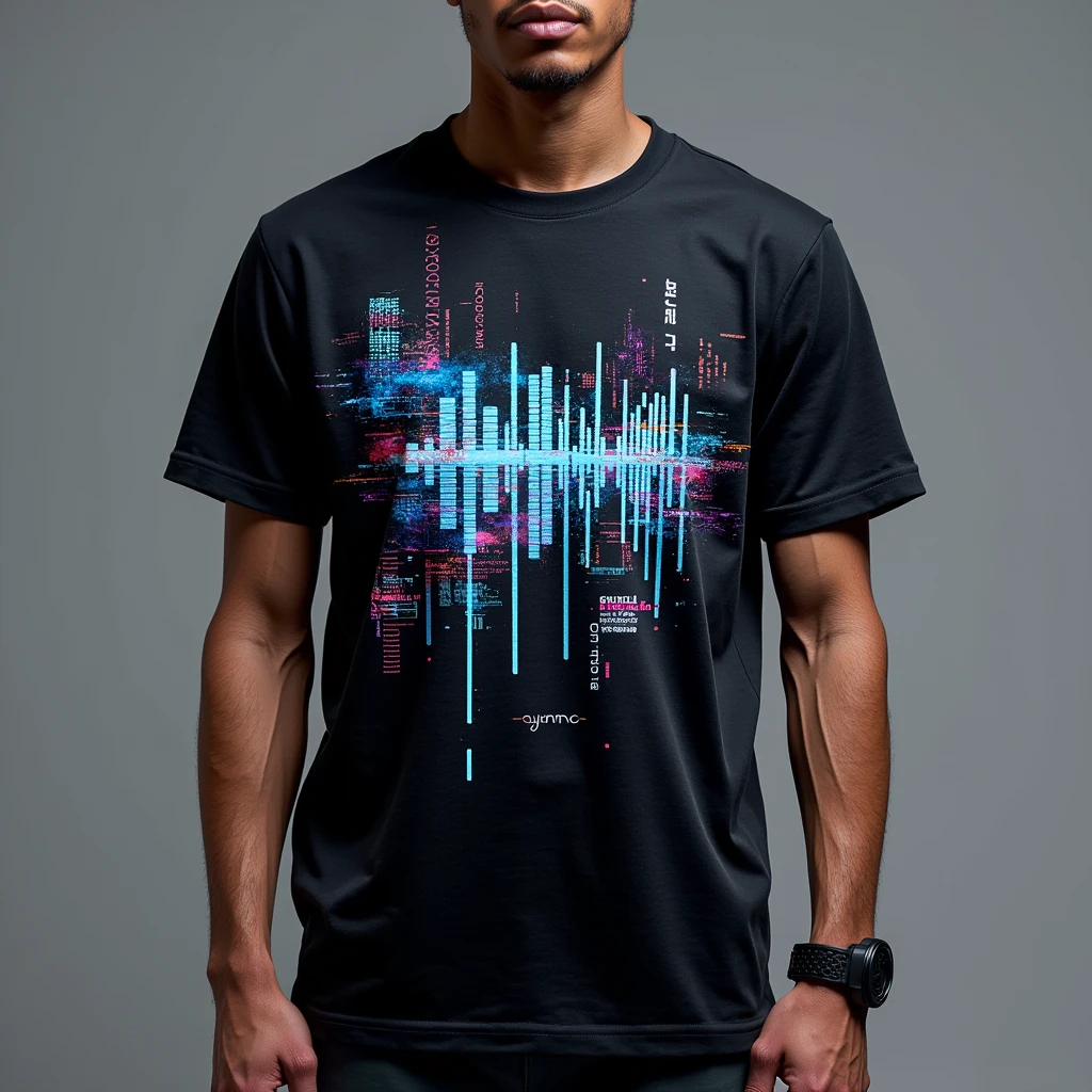 Street wear t-shirts with prints inspired by sound waves, digital glitches, or futuristic patterns. And the logo "SYNC" could be integrated discreetly into the design.