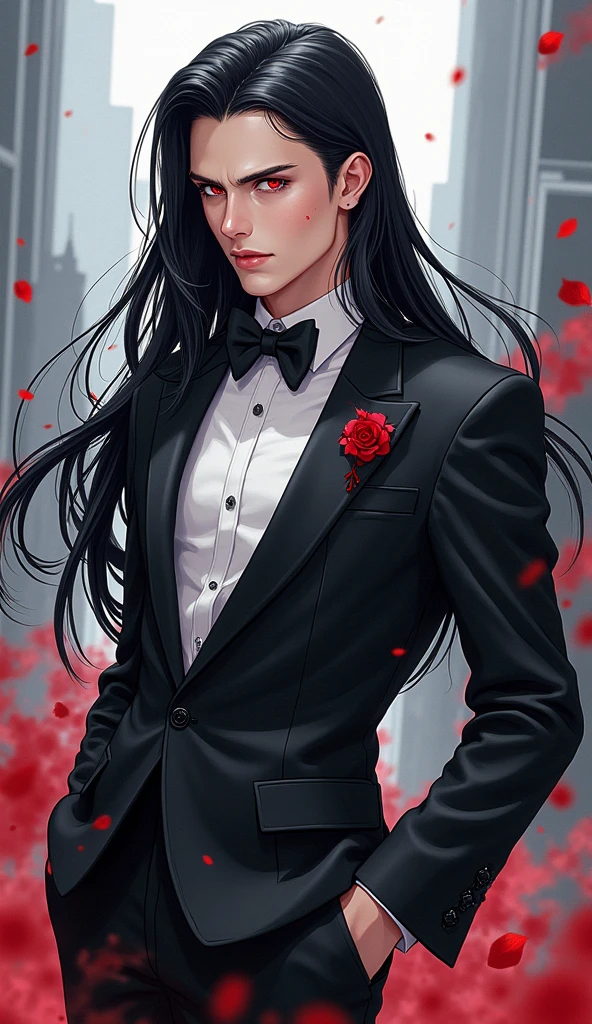 Anime-style character design, white male protagonist with long, sleek black hair cascading to his shoulders, elegantly styled for maximum impact, dressed in a chic grey tuxedo tailored to perfection, striking vampiristic features reminiscent of Henry Cavill illuminated by moonlight, vivid reddish eyes exuding an enchanting glow, embodying both charm and mystery, intricately detailed  structure highlighting angular cheekbones and bold jawline, seamless artistic fusion of vintage comic book aesthetics and modern anime style, dynamic pose suggesting both fluidity and confidence, capturing the energy and charisma of this captivating character within an urban fantasy context, abstract city skyline faintly blurred in the background, vibrant splashes of color around the character enhancing the visual narrative, rich contrasts and smooth gradients create depth and dimension, meticulously applied cell shading technique emphasizing the tuxedo's texture and the gleam of his hair, whimsical stylistic elements inspired by Urban Rivals blending harmoniously to heighten the character's appeal, artistic expression reaching a crescendo to deliver a masterpiece that captures the viewer's attention and imagination
