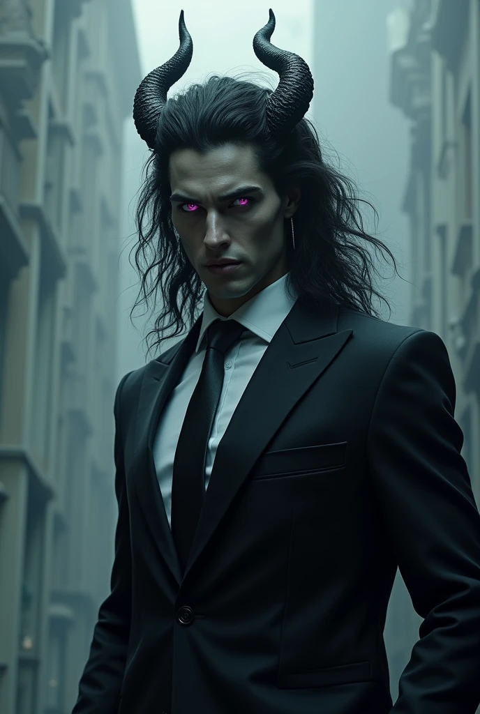 Tall dark hair guy in a suit wth purple eyes and horny 