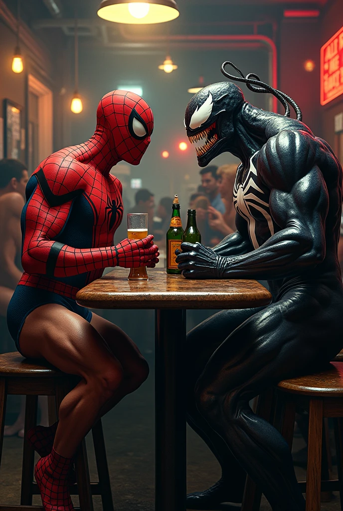 Muscular Spider-Man and Venom drinking beer in an all-male bar wearing underwear