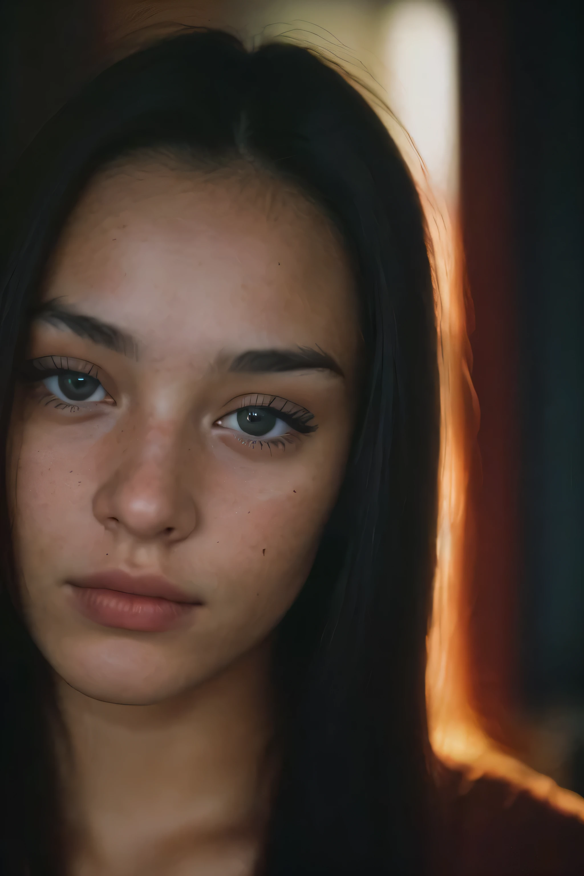 (Fermer, photographie éditoriale d&#39;une femme de 21 ans), (Visage très détaillé:1.4) (sourire:0.7) (arrière-plan à l&#39;intérieur de l&#39;obscurité, lunatique, étude privée:1.VO, par Lee Jeffries, Nikon D850, photographie de pellicule ,4 Kodak Portra 400 ,caméra f1.6 lentilles ,couleurs riches ,hyper réaliste ,texture réaliste, Éclairage dramatique , Cinéstill 800, vue du haut du corps