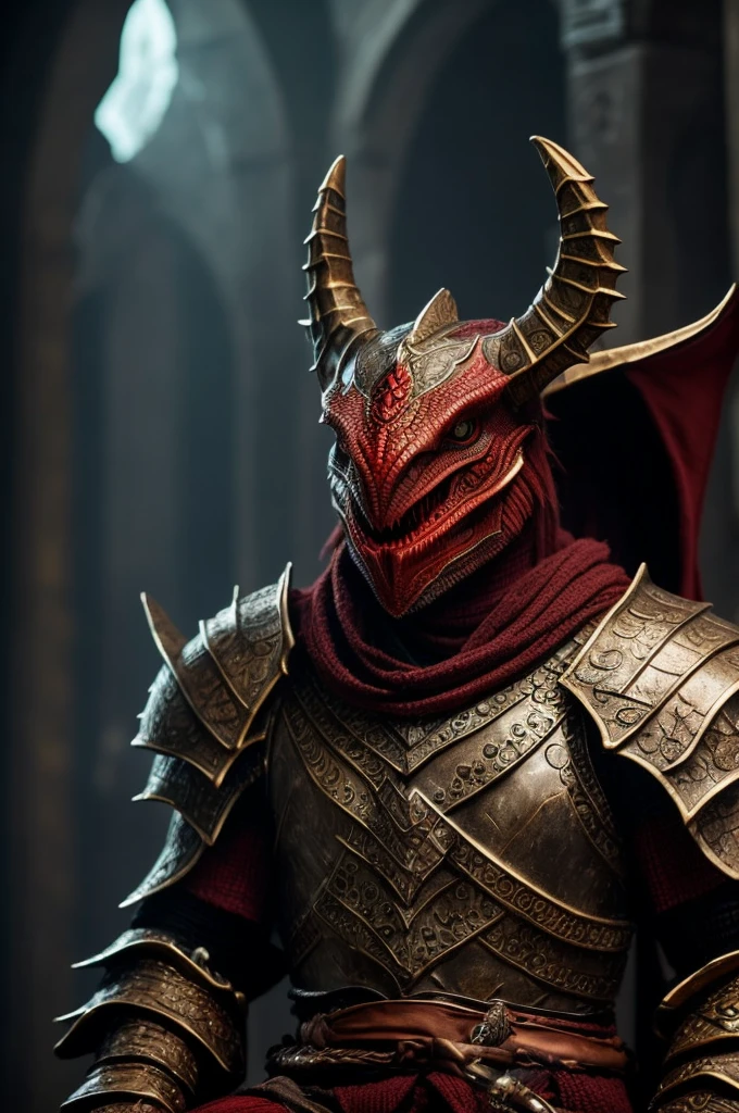 A 6 ft 5 dragonborn, smiling in an evil way, his eyes are angry,covered in jewelry, a staff is layingnext to him, hes sitting down watching the observer menacingly with a grin, hes playing a lute, red dragonborn, no armor, traveling clothes,  fantasy,  no armor, [[[[red dragonborn]]]] Dragonborn, no mask, wears a lot of rings and necklaces, charming, full body, [[[no mask]]] [[[no helmet]]] RED DRAGONBORN FACE, one body