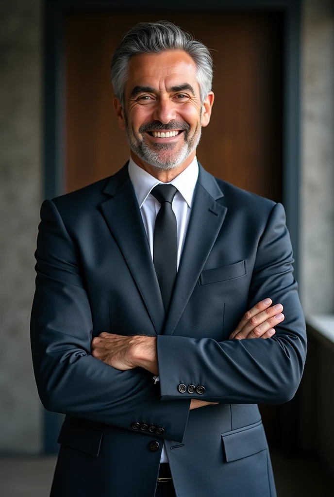 "A man in his forties, avec une apparence soignée et professionnelle. He wears a well-fitted suit, with a white shirt and a discreet tie. Her hair is neatly styled, and he has a welcoming smile that inspires confidence. Il se tient debout avec une posture droite, arms slightly crossed, in front of a sober but modern background, évoquant un environnement de bureau ou un cadre professionnel. His eyes reflect reliability and assurance., symbolizing a serv