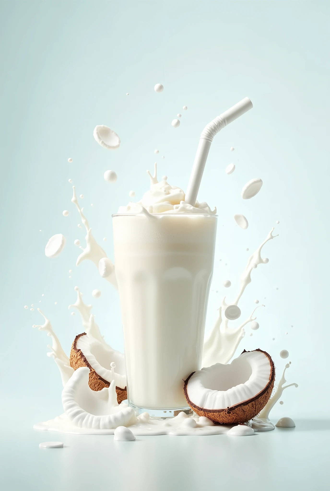 COCONUT SHAKE, 8K, VECTOR, WHITE COLOR, PLAIN BACKGROUND, DYNAMIC, ADVERTISEMENT USE, MOTION