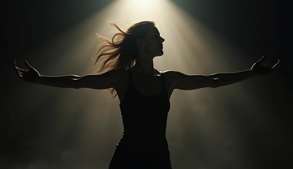 (masterpiece, best quality:1.2), (powerful silhouette of a woman:1.3), (low angle shot:1.3), (forcefully pushing back against an unseen force:1.4), (tense body, outstretched arm:1.3), (dark background with subtle light source behind:1.3), (dramatic contrast highlighting strength and defiance:1.3), (camera angle from below, dominant and in control:1.3), (determination and unwillingness to be pushed down:1.3), (empowerment and resistance, capturing the intensity of the moment:1.3), (8K, ultra-detailed, hyper-detailed, RAW photo quality, Unreal Engine rendering:1.3)