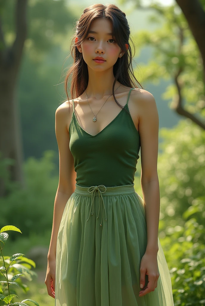 A girl wearing a baby green colour skirt with deep green colour top
