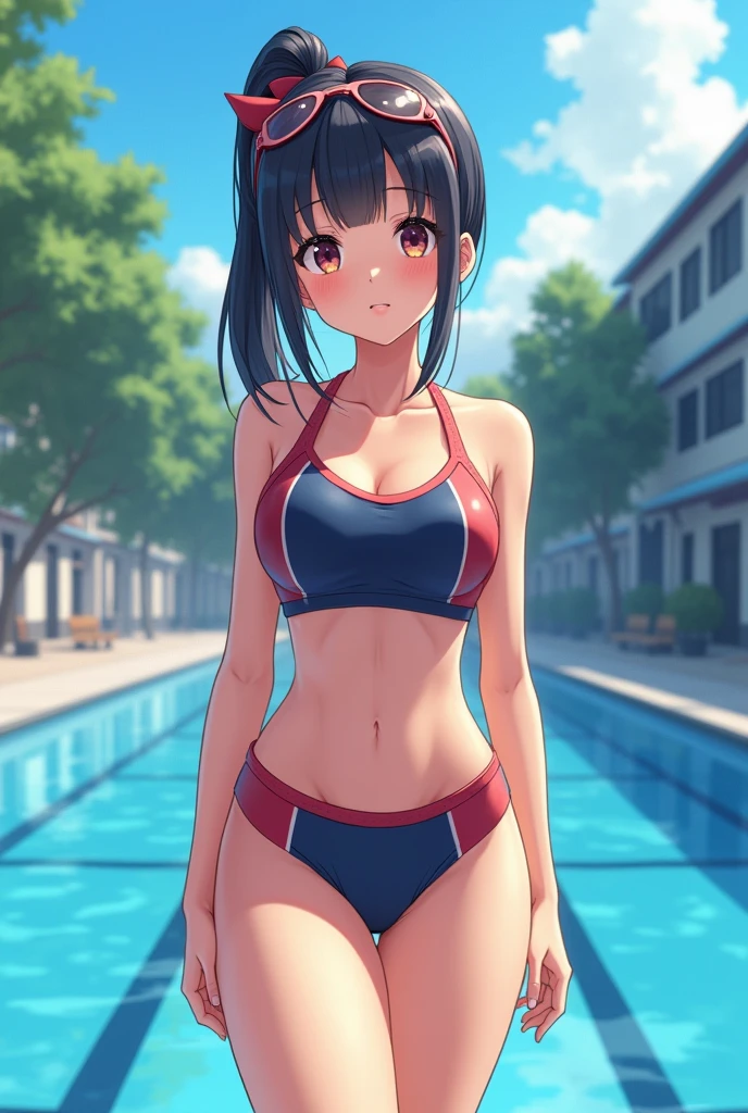 Anime girl in School swimming  clothes short skirt big thighs detailed body detailed clothes perfect face School background  