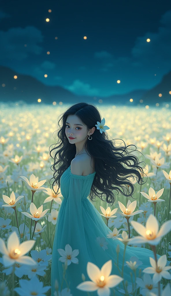 1girl, Solo, High Resolution, Masterpiece, Accurate, Best Quality, Award Winning, Long Hair, Black Hair, Curly Hair, Crescent Earrings, Light Smile, POV, Multiple Views, Hair Flower, Sparkle, Bloom, Blending, standing in the middle of the white plumeria flied, night, fireflies,Feet Out Of Frame, anime, donghua, myth, can see the night view and a big plumeria field, girl looking small from far away, From Above, Fisheye, blue green dress, looking up, Parted Lips,