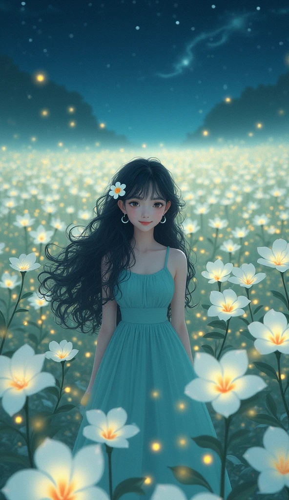  1girl, Solo, High Resolution, Masterpiece, Accurate, Best Quality, Award Winning, Long Hair, Black Hair, Curly Hair, Crescent Earrings, Light Smile, POV, Multiple Views, Hair Flower, Sparkle, Bloom, Blending, standing in the middle of the white plumeria flied, night, fireflies,Feet Out Of Frame, anime, donghua, myth, can see the night view and a big plumeria field, girl looking small from far away, From Above, Fisheye, blue green dress, looking up, Parted Lips, 