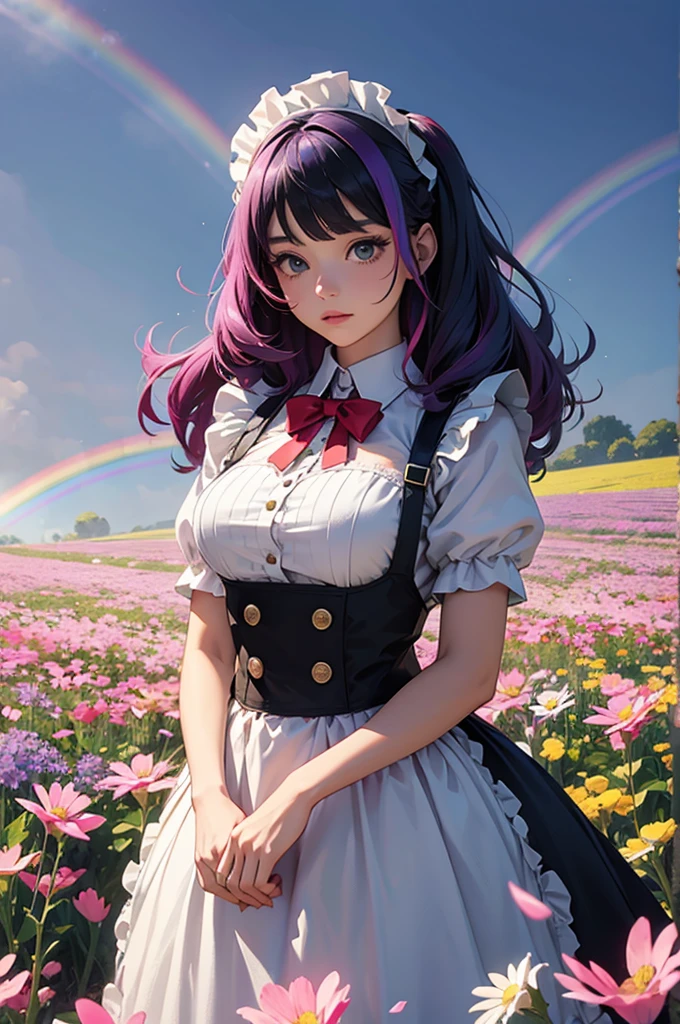 A girl with long rainbow hair is wearing a maid outfit and standing in a flower field with lots of big flowers. Upper body