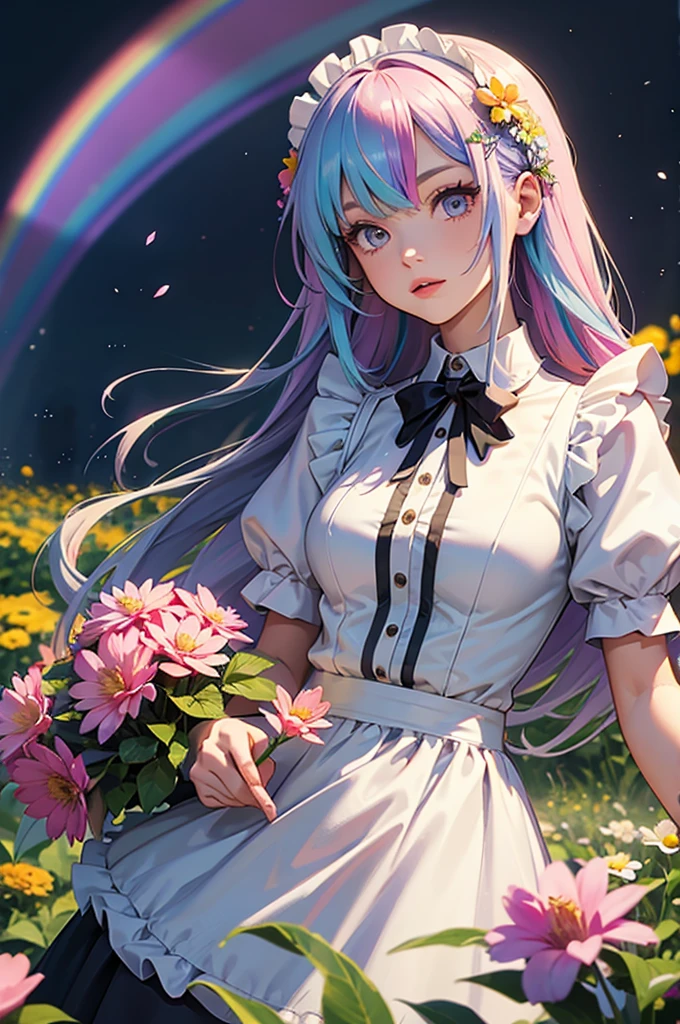 A girl with long rainbow hair is wearing a maid outfit and standing in a flower field with lots of big flowers. Upper body