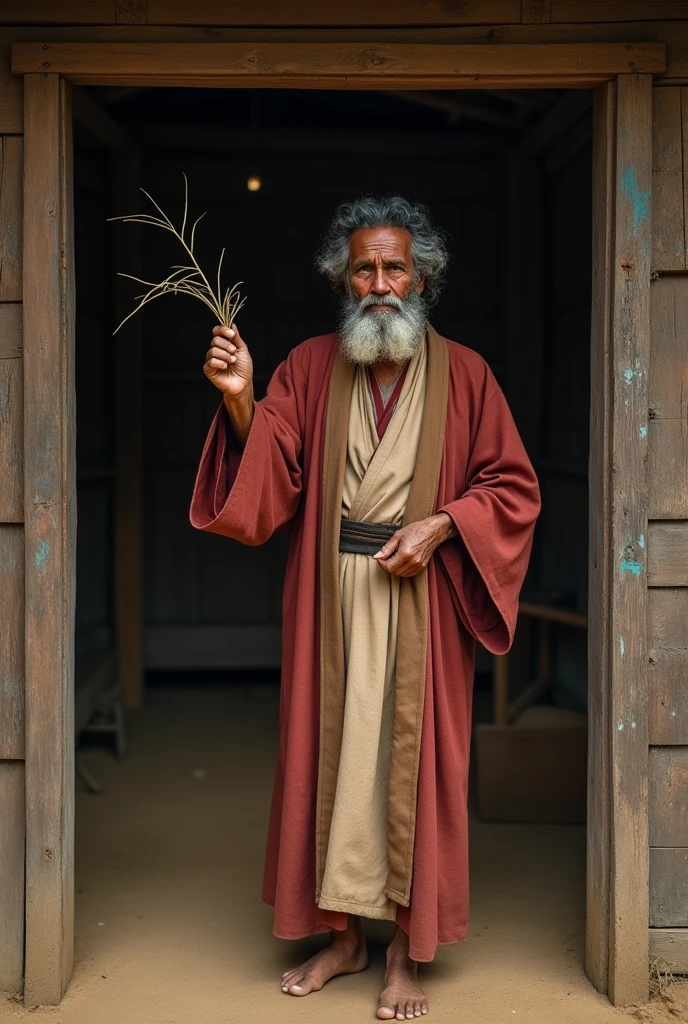 A realistic image of an old man standing, wearing an old red and beige priest's robe, this man has hair and a beard, the color of his hair and beard is black or light brown, curly hair, this man holds in his right hand a branch of palm tree, he has one hand raised holding a toothpick, the ground is made of sand, he is barefoot, he is inside a wooden house, his look is serene and compassionate, photograph taken with a canon 100mm camera, zoom 1, 5x