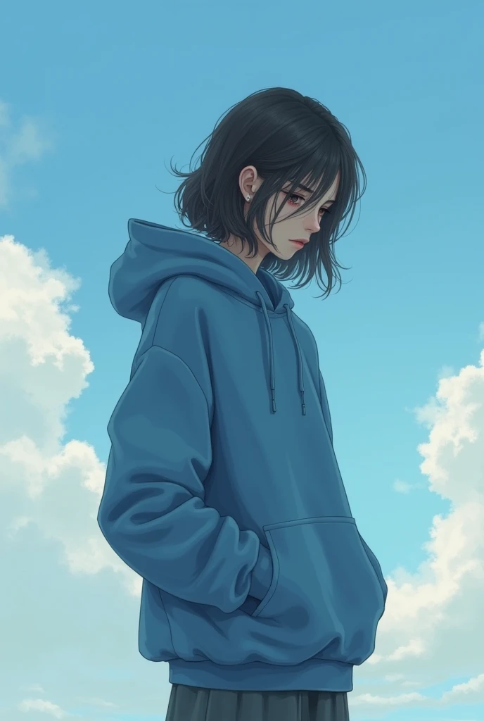 Depressed cool girl in a blue hoodie with sky with clouds in the background