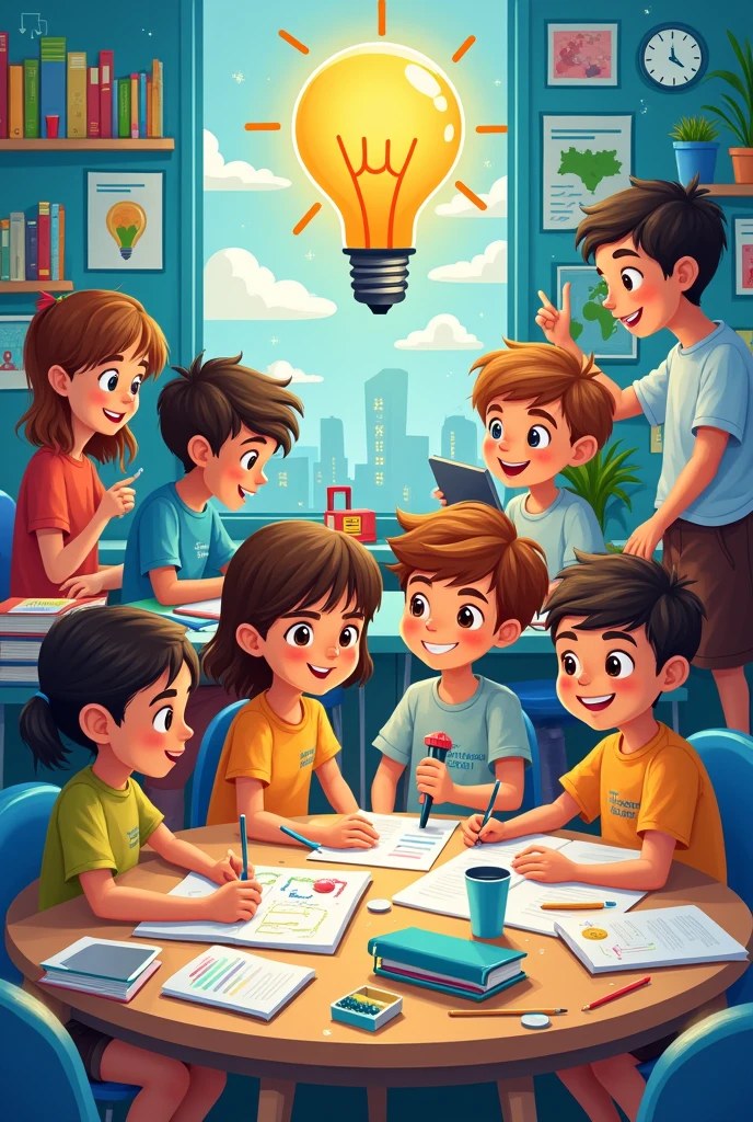 poster about elementary education, engaging teaching, team work, hands on materials and teaching. problem solving with light bulb. lots of learning materials
without words. picture only