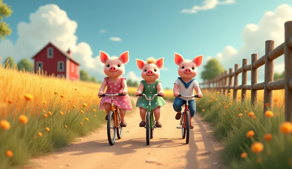 official art, unity 8k wallpaper, ultra detailed, beautiful and aesthetic, masterpiece, best quality, Charming countryside scene, pixar style, 3d, 3 piglets wearing dresses riding bicycles with backpacks. one piglet is wearing pink dress with white flowers, other piglet is wearing green dress with white polka dots, one piglet is wearing white t-shirt blue jeans and a blue bandana, Winding dirt road through golden wheat fields. Wildflowers dotting roadside. Rustic wooden fence, distant red barn. Fluffy white clouds in blue sky. Girl's pigtails and dress fluttering in breeze. Warm sunlight, long shadows, game on art, Game illustration, lovely digital painting, artstation for kidst, Official artwork, key art, mobile game art, cover game art, zootopia concept art, (soft lighting:1.3), (green and earthy color scheme:1.3), (highly detailed), (ultra quality:1.3), (masterpiece), (digital art), 8K resolution, HDR, depth of field, (soft shadows), (photorealistic:1.3), (animation:1.2), (by Greg Rutkowski:0.9), (in the style of Alphonse Mucha), trending on ArtStation, award-winning art, 3d style