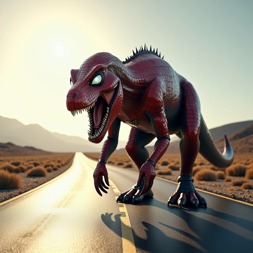 Create a realistic image, on the long road, a T rex with Spiderman's body is made up of Spiderman's iconic name, the image will be cool and shiny. 