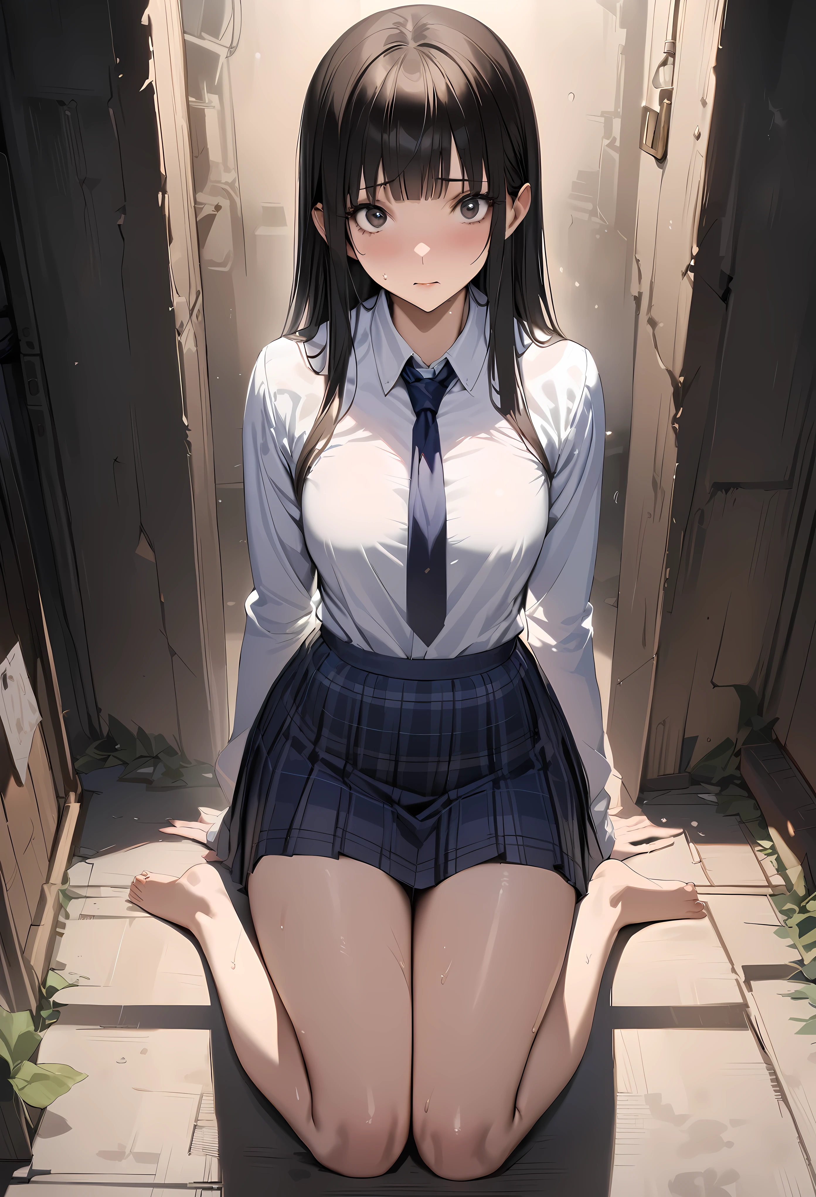 Fantasy art、((masterpiece,best quality anime,Highest quality:1.3)),realistic,portrait,cowboy shot,,1woman,(Mature Beauty),((very small head:1.4)),((very long body:1.3)),long hair,black hair,bangs,(gorgeous big eyes),black eyes,shy,(School uniform、Navy blue tie、Dark blue plaid mini skirt,white collared shirt)Long sleeve,((slender body:1.3,skinny:1.2)),medium breasts,barefoot、sweat,kneeling,Dark basement、Concrete Room、Dim lighting、at night、Fantasy World、