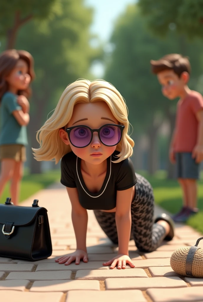 A paved path. A woman with blonde hair, large rimless sunglasses with purple lenses, black T-shirt with white stripes and black pants with white patterns and black sandals lies on the paved path, she fell on her stomach. To her left is her black handbag, to her right a jute bag. Daughter, Son and husband stand around her. 3d art 