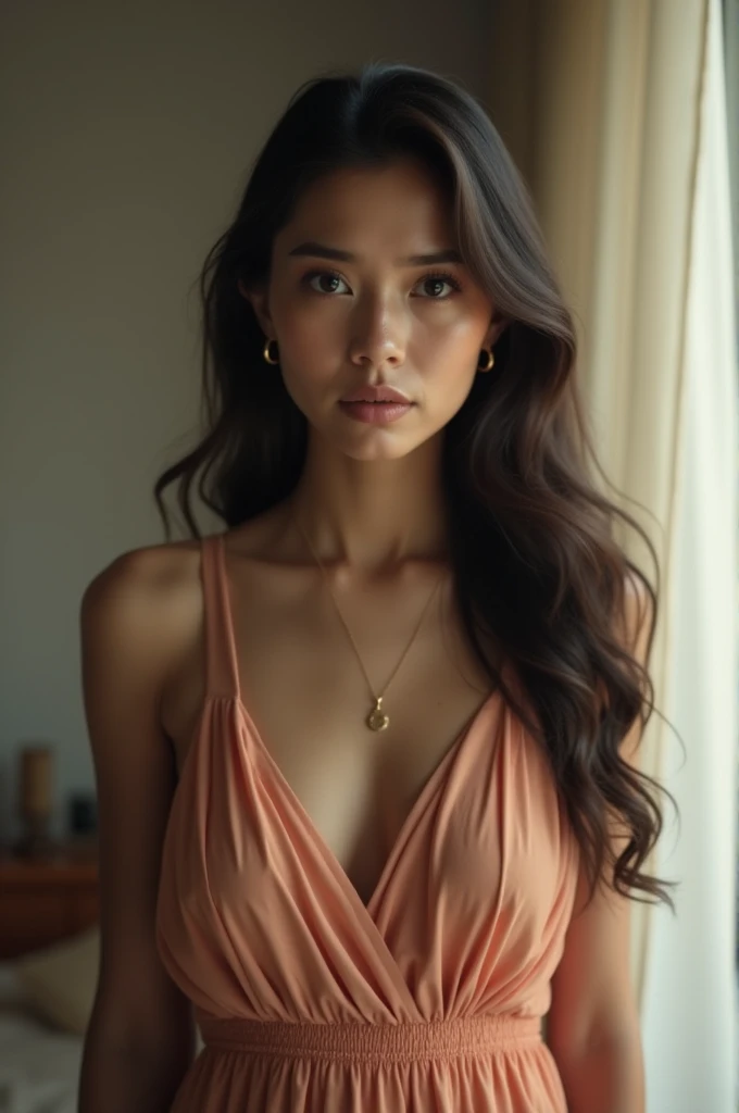 A portrait of a young woman with long, dark hair, wearing a peach-colored dress with a deep V-neckline. She is standing in a softly lit room by a large window, turning her head slightly to the side, with a deeply hurt and betrayed expression on her face. Her eyes are wide and filled with tears, her lips slightly parted as if in shock, conveying the moment she discovers a betrayal. She is still wearing hoop earrings and a simple necklace with a small pendant. The natural light from the window illuminates her face and figure, emphasizing the raw emotion. The background remains minimal, with light curtains and neutral-colored walls, ensuring the focus is on the intensity of her expression and the profound emotional moment."